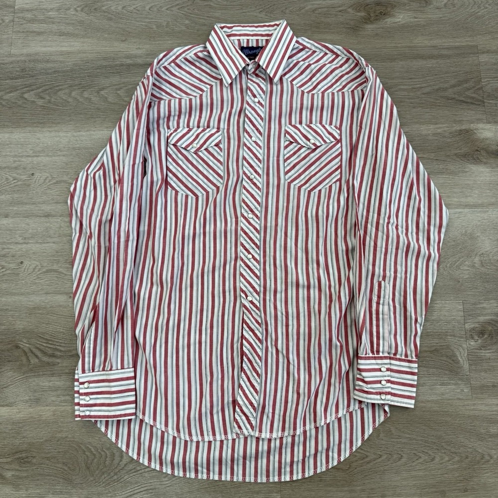 Vintage Wrangler Pearl Snap Shirt Mens 16.5 37 USA Red White Striped Western L